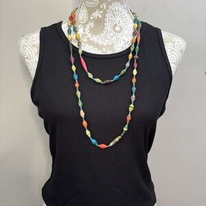 Boho Handmade Paper Bead‎ Multi Color Necklace  Long Art Deco Vintage Jewelry